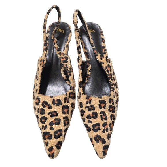 New ZARA Fur Trimmed Leather Slingback Kitten Heels Leopard Print EU 42 US 11 S2 - Picture 12 of 12